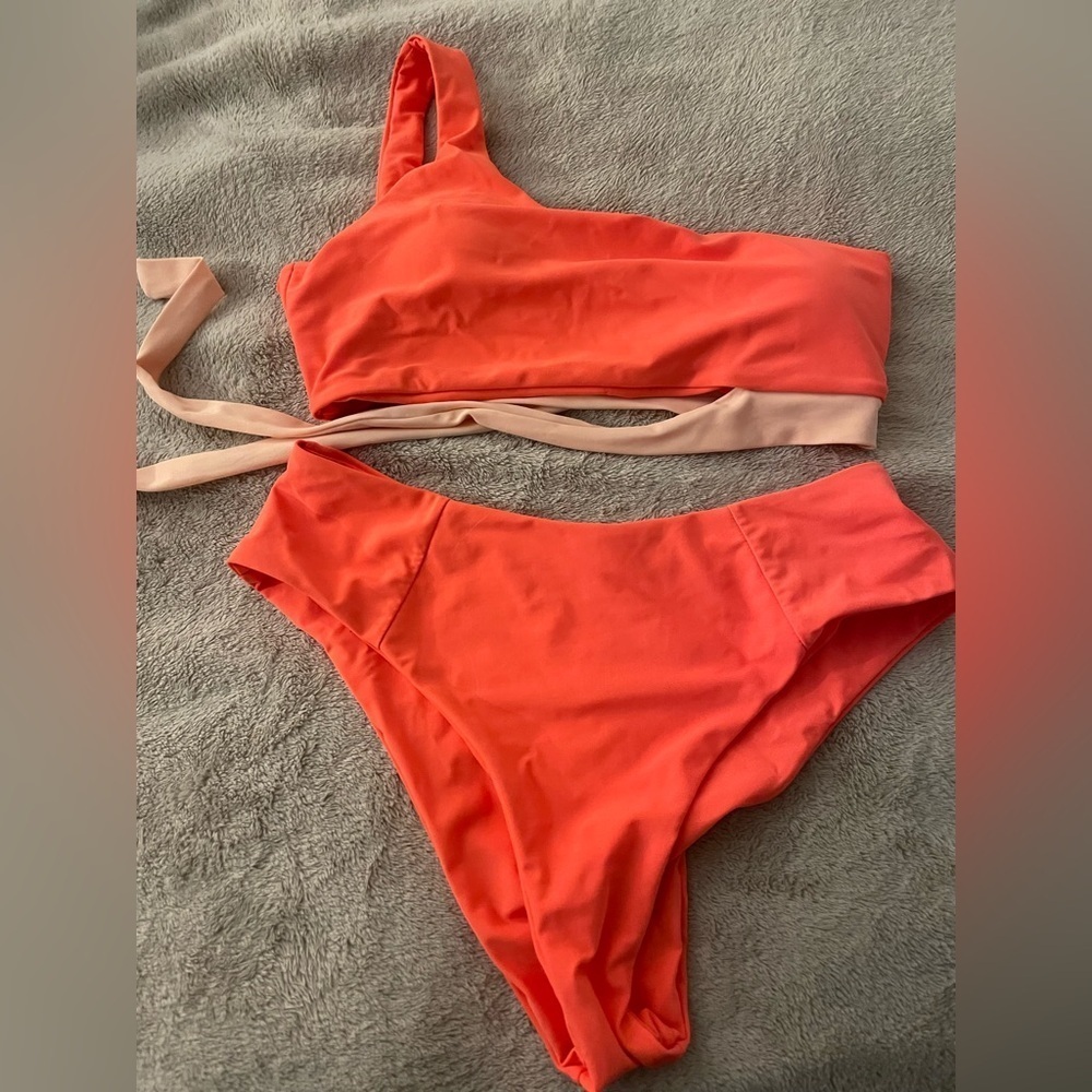 Orange and pink One-Shoulder Bikini Set side tie high waisted bikini